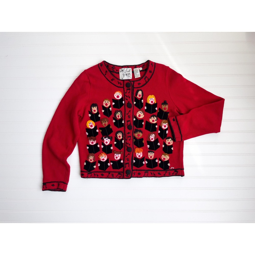 vtg Michael Simon‎ choir chorus singers embroidered red cardigan sweater size S
